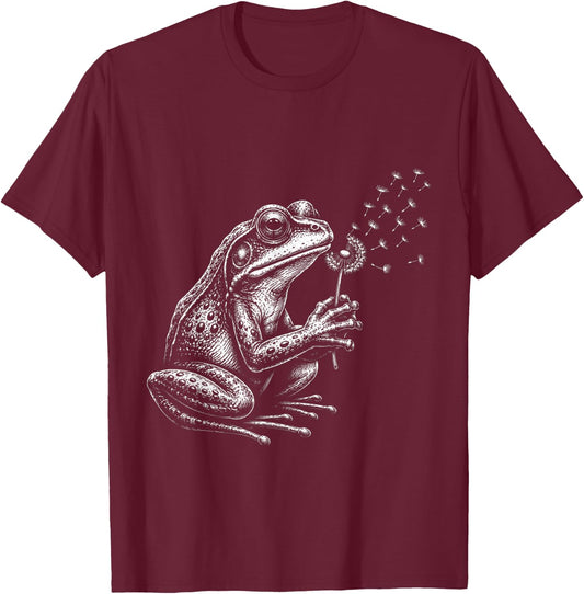 Blowing Wishes Frog Blowing Dandelion Vintage Art T-Shirt - T-Shirt | Maroon