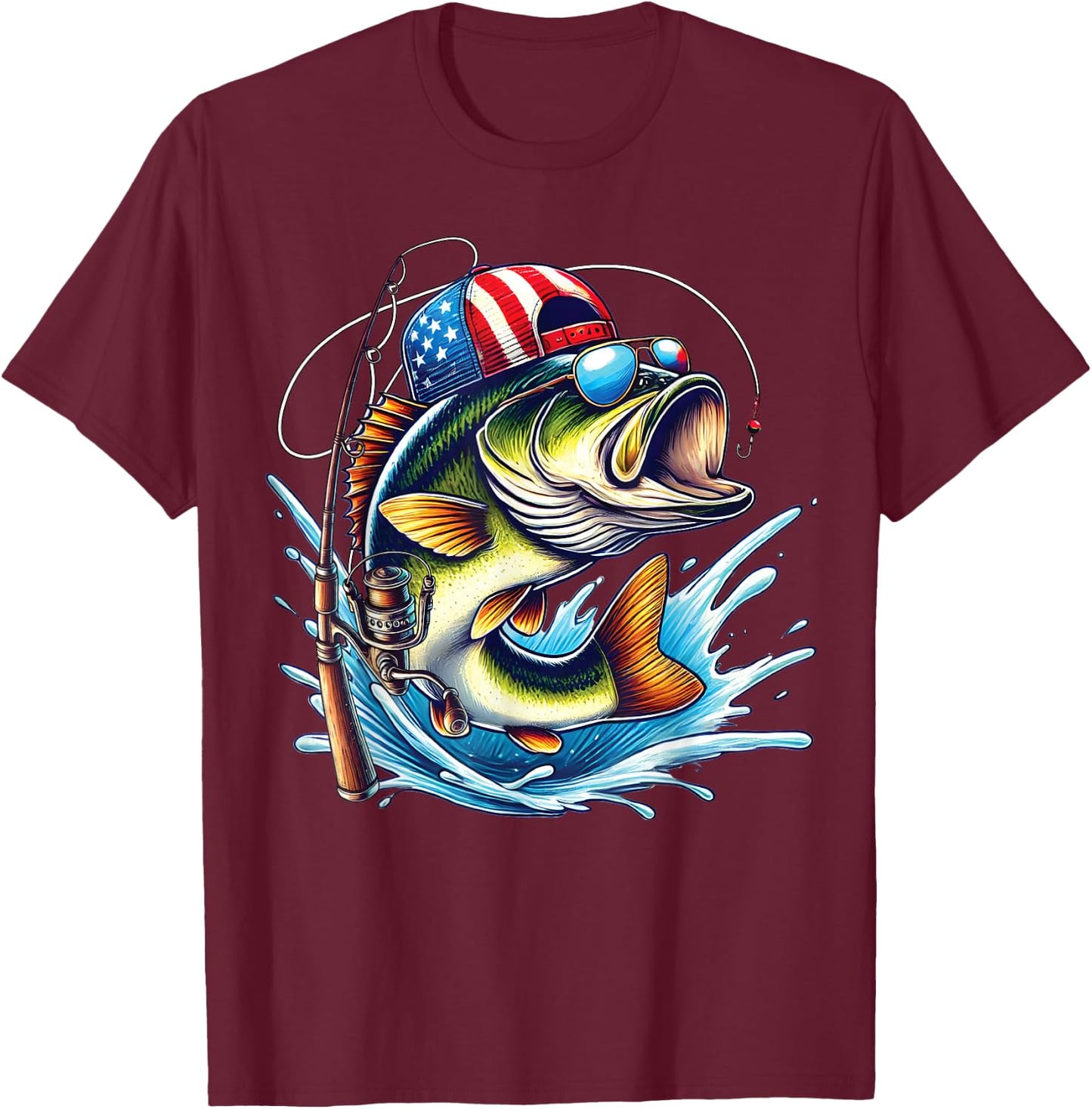 American Flag Fishing Lovers Fisherman Funny Fishing USA T-Shirt - T-Shirt | Maroon