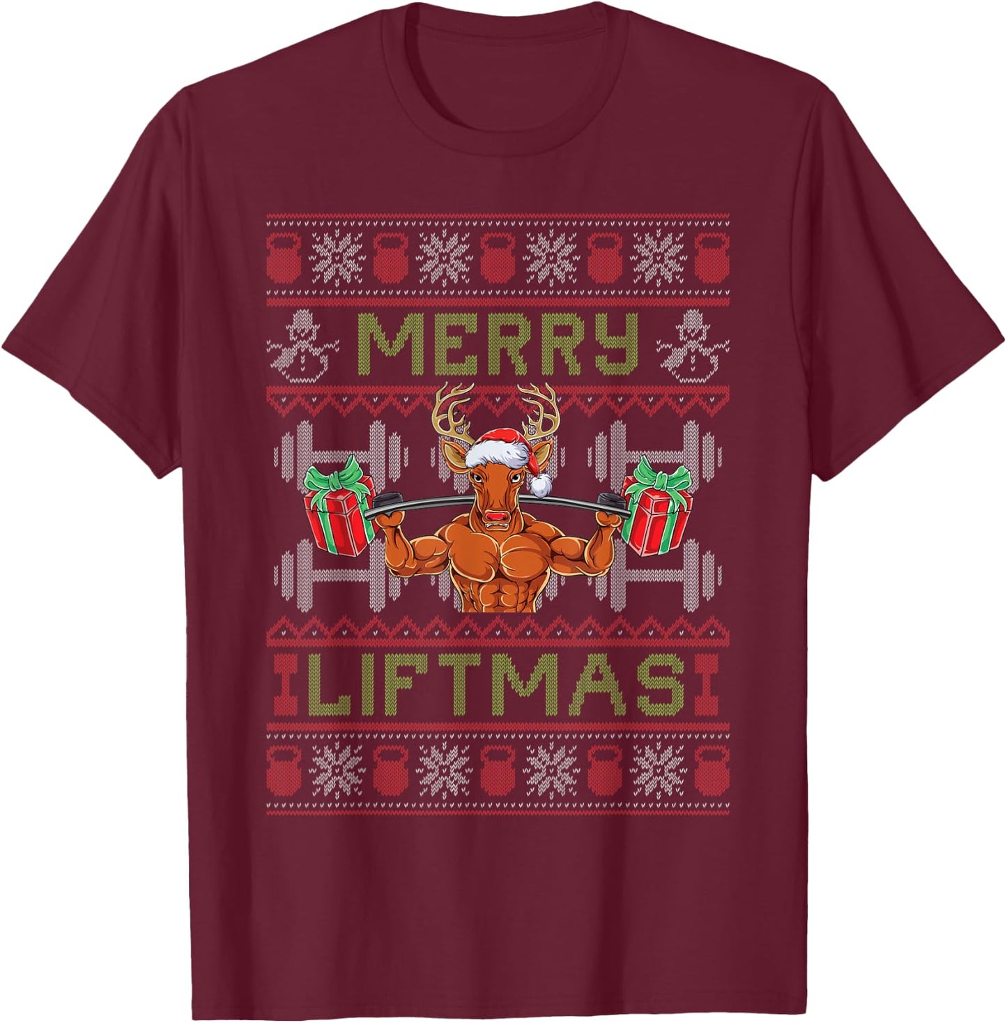 Merry Liftmas - Fitness Reindeer Santa Christmas Bodybuilder T-Shirt - T-Shirt | Maroon