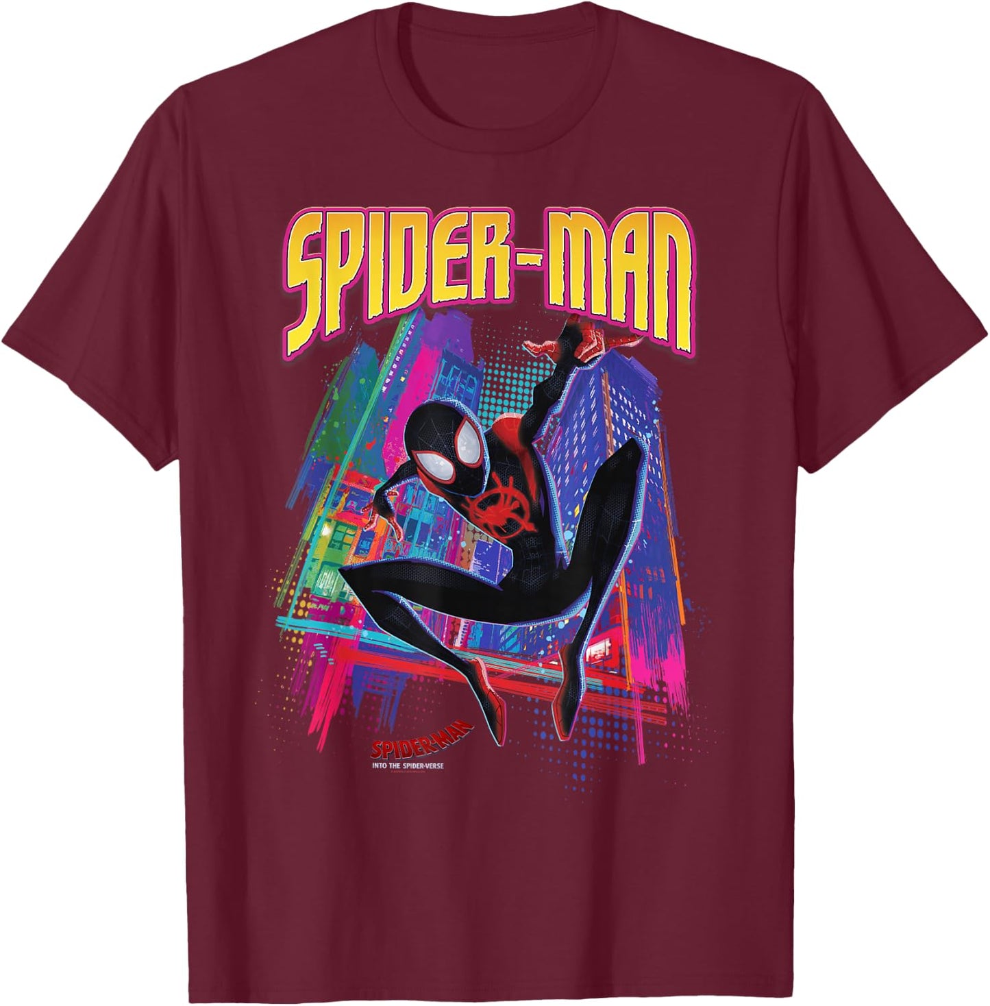 Marvel Into The Spider-Verse Neon Skyline T-Shirt - T-Shirt | Maroon