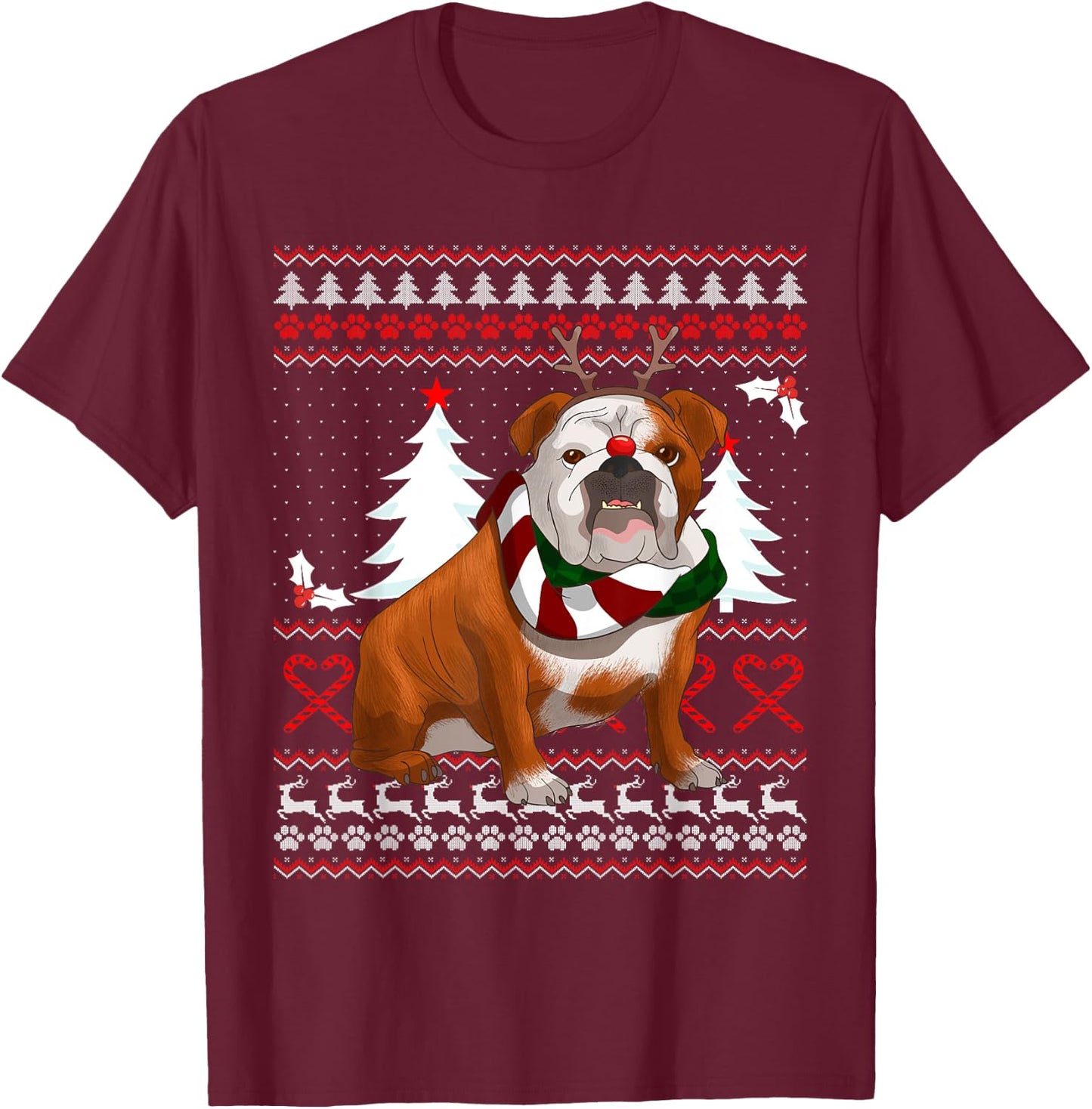 Cute English Bulldog Christmas Shirt Funny Xmas Gift Men Women T-Shirt - T-Shirt | Maroon