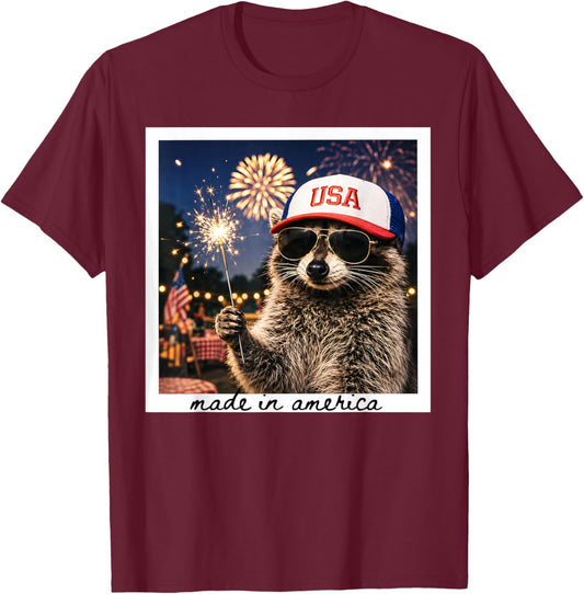 Made in America Funny Raccoon Fireworks 4th of July USA T-Shirt - T-Shirt | Maroon