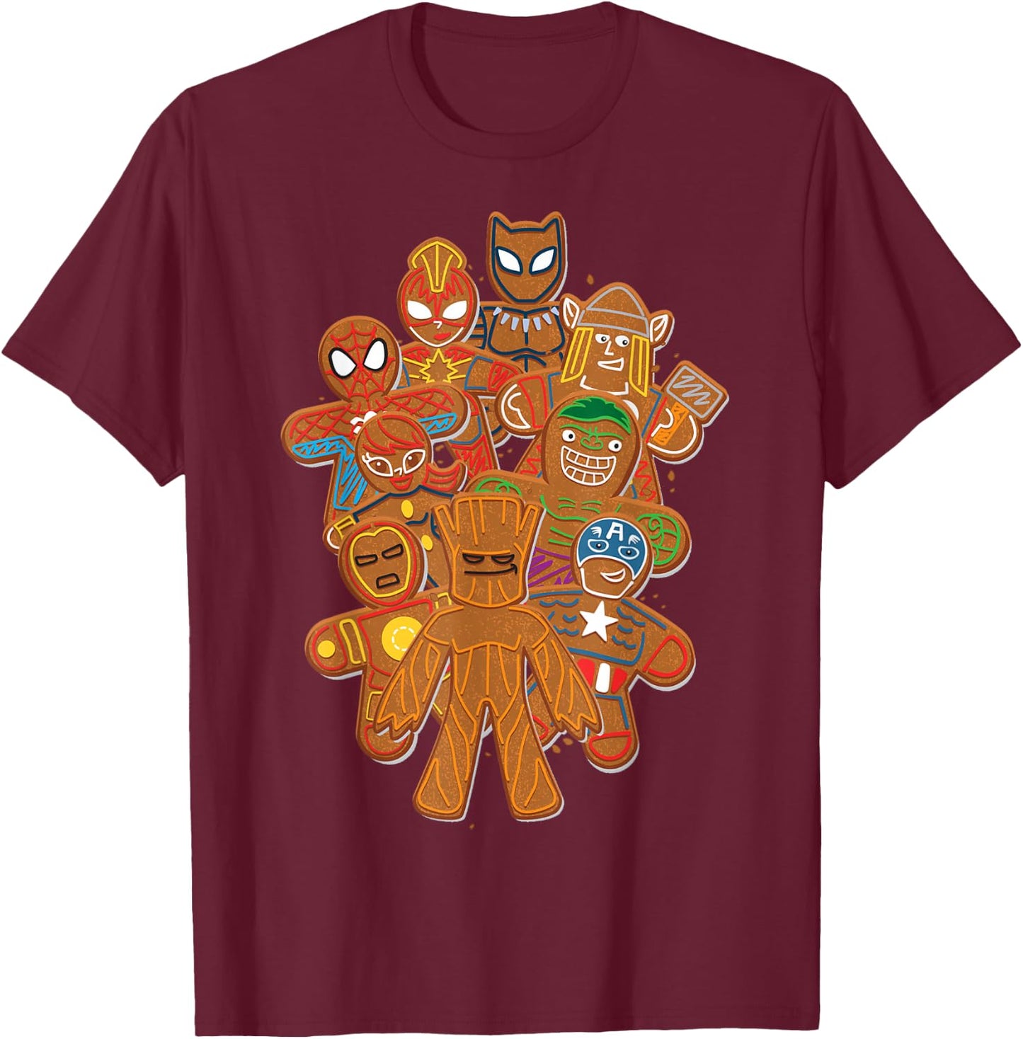 Marvel Avengers Gingerbread Cookie Cluster T-Shirt - T-Shirt | Maroon