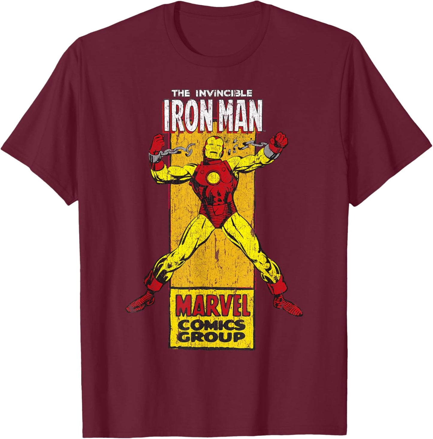 Marvel The Invincible Iron Man Retro Comic Side Panel Stamp T-Shirt - T-Shirt | Maroon
