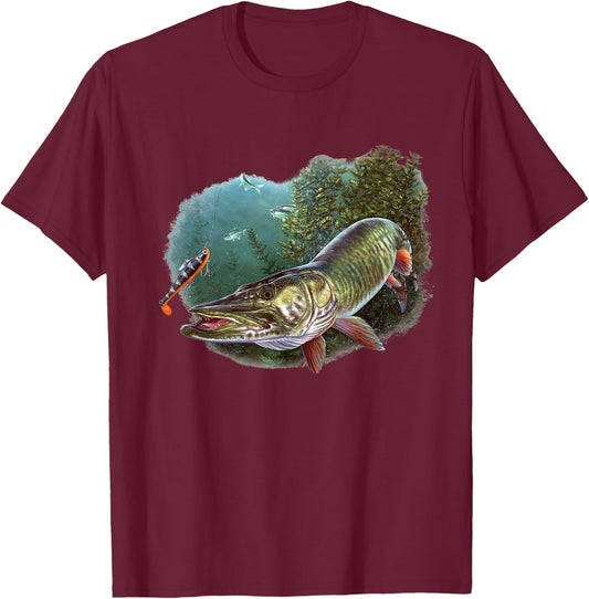 Muskie Hunter Musky Fisherman Fly Fishing Lure Novelty T-Shirt - T-Shirt | Maroon