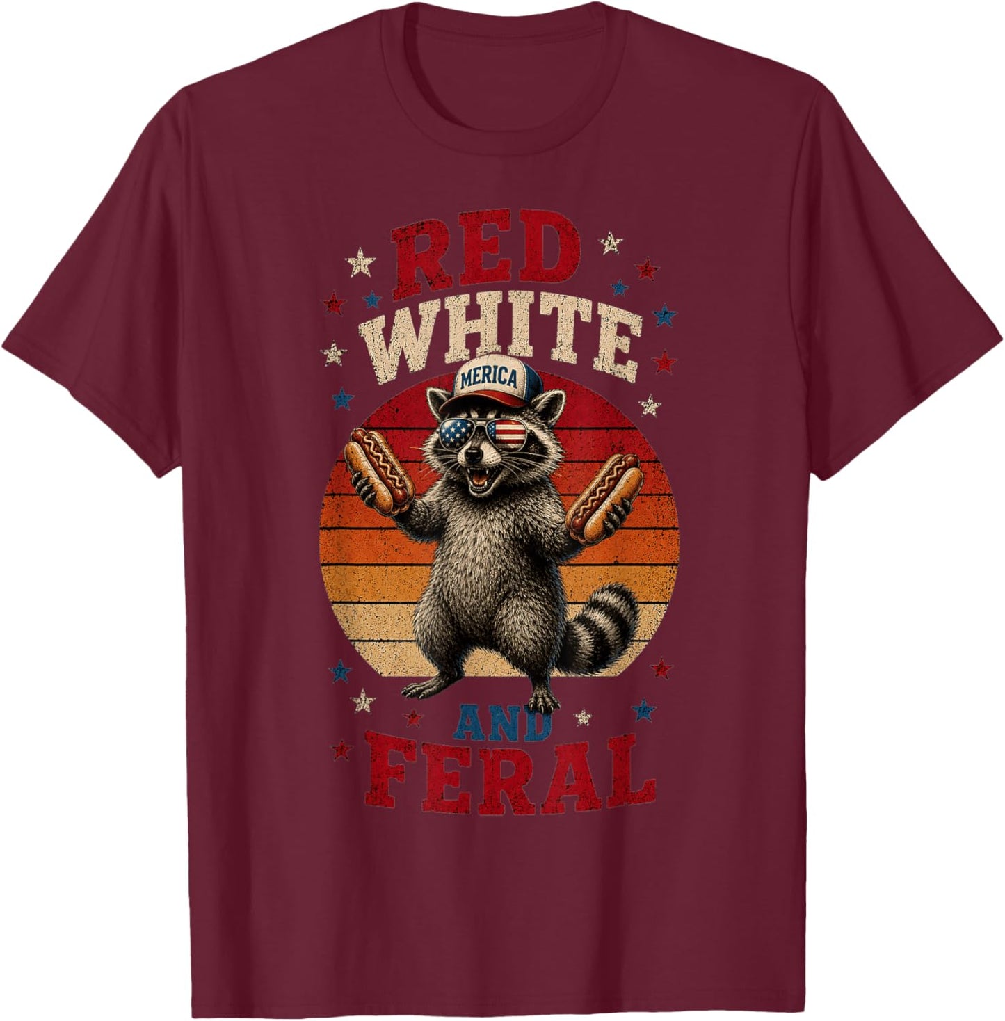 Preppy Red White and Feral Raccoon 4th of July Men Women Kid T-Shirt - T-Shirt | Maroon