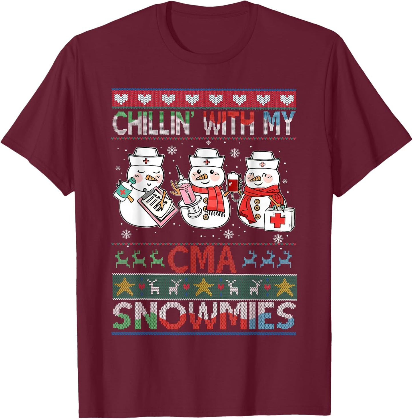 Chilling with my snowmies CMA Ugly Christmas Sweater CMA T-Shirt - T-Shirt | Maroon