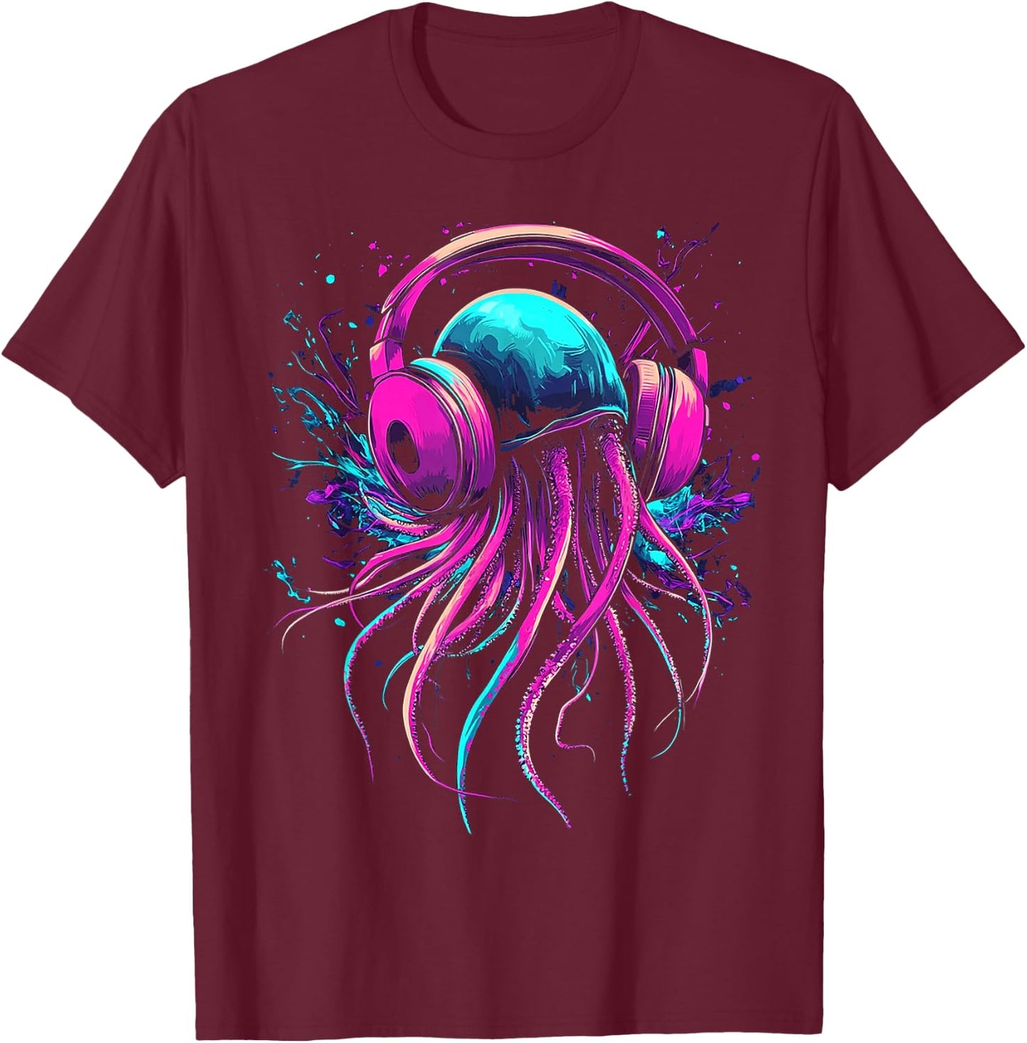 Jellyfish Animal Graphic Music Headphone Art Jellyfish T-Shirt - T-Shirt | Maroon