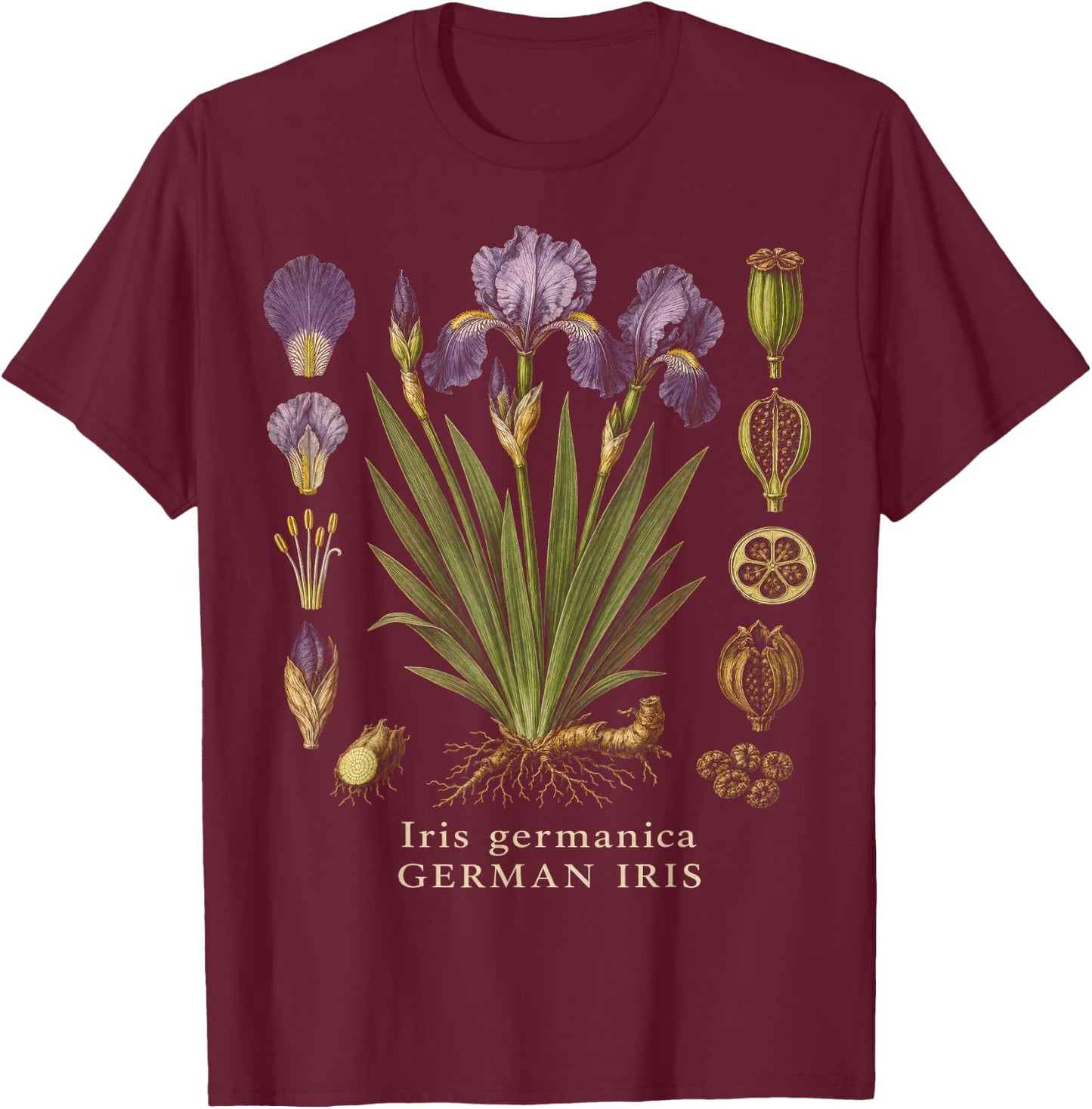 German Iris Botanical Anatomy Vintage Floral Study T-Shirt - T-Shirt | Maroon