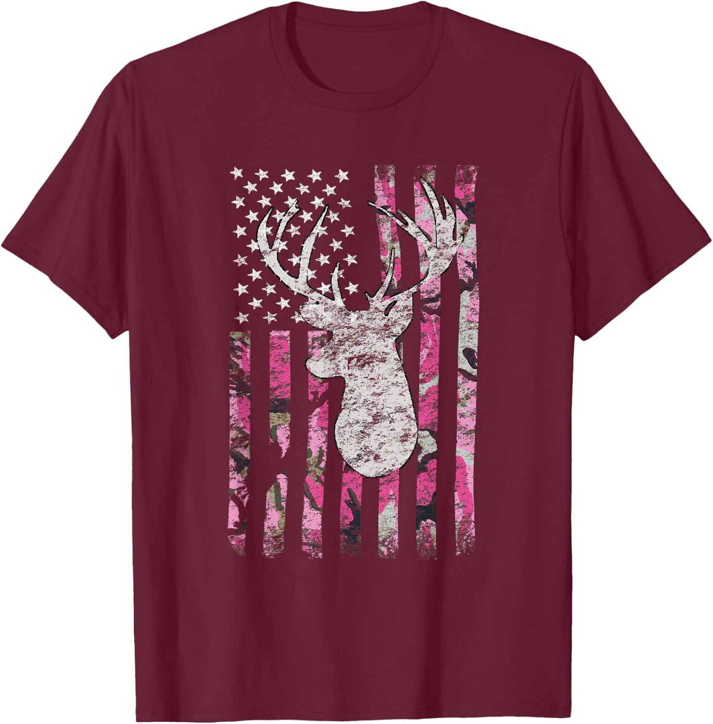Deer Hunting Camo American Flag Pink Buck T-Shirt - T-Shirt | Maroon