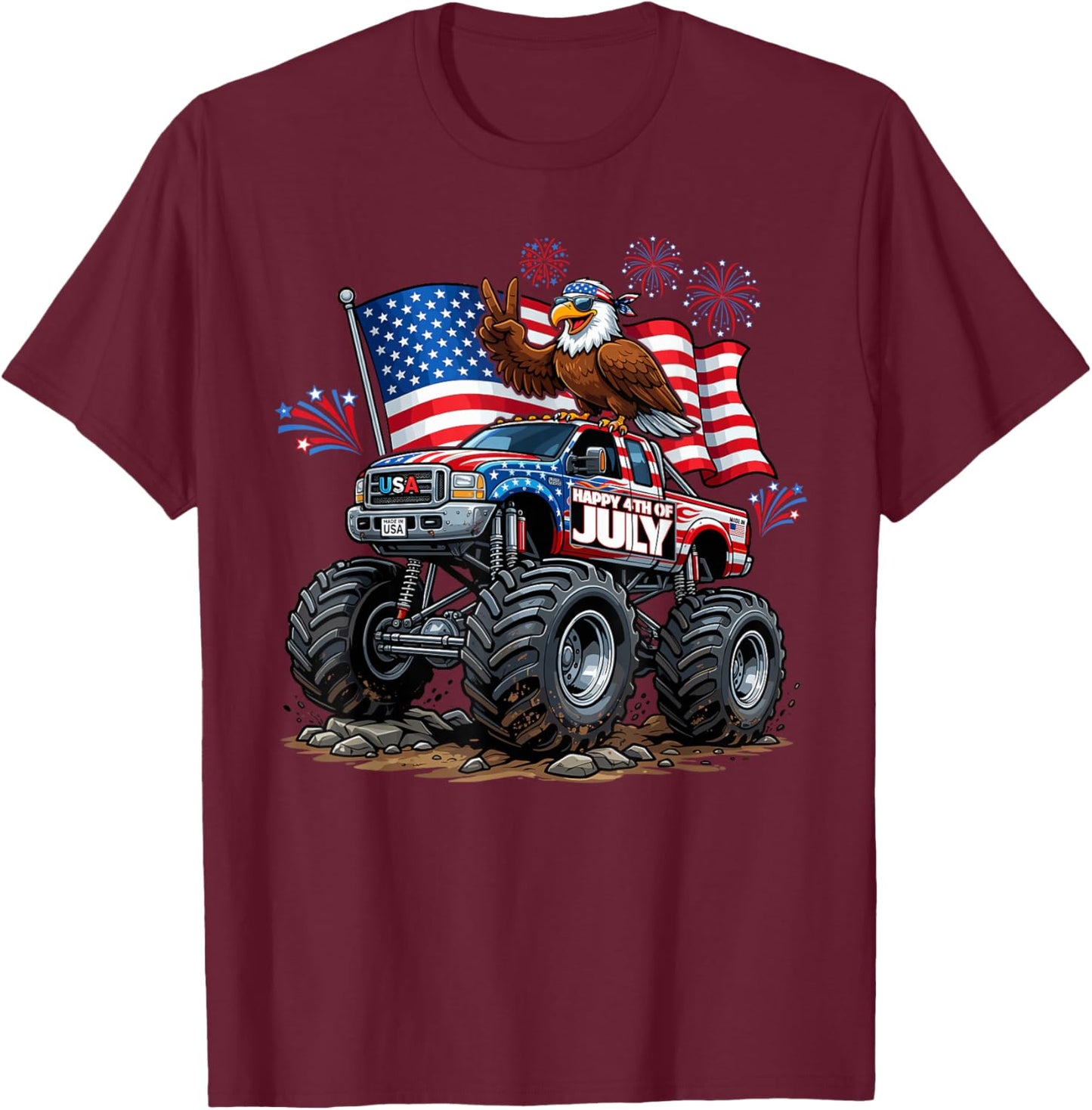 Monster Truck Bald Eagle USA Patriotic Shirt 4th of July T-Shirt - T-Shirt | Maroon