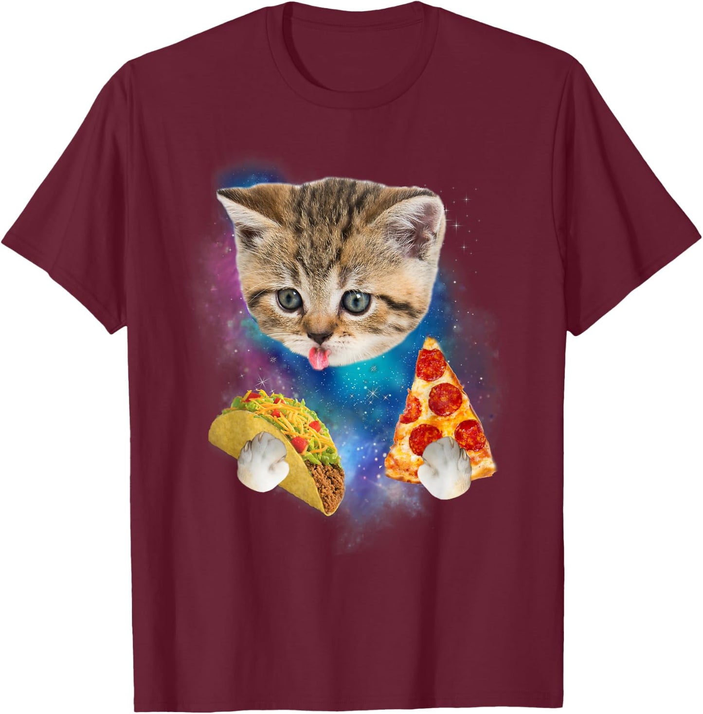 Funny Galaxy Taco Cat | Space Cat Eat Pizza and Taco T-Shirt - T-Shirt | Maroon