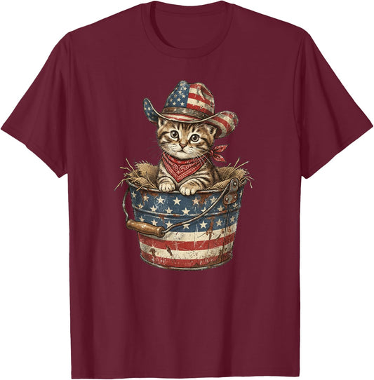 Vintage Cowboy Cat American Flag 4th of July T-Shirt - T-Shirt | Maroon