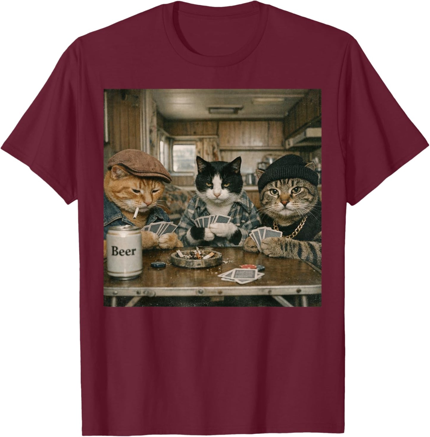 Funny Cats Playing Cards Vintage 70s Pet Owner T-Shirt - T-Shirt | Maroon