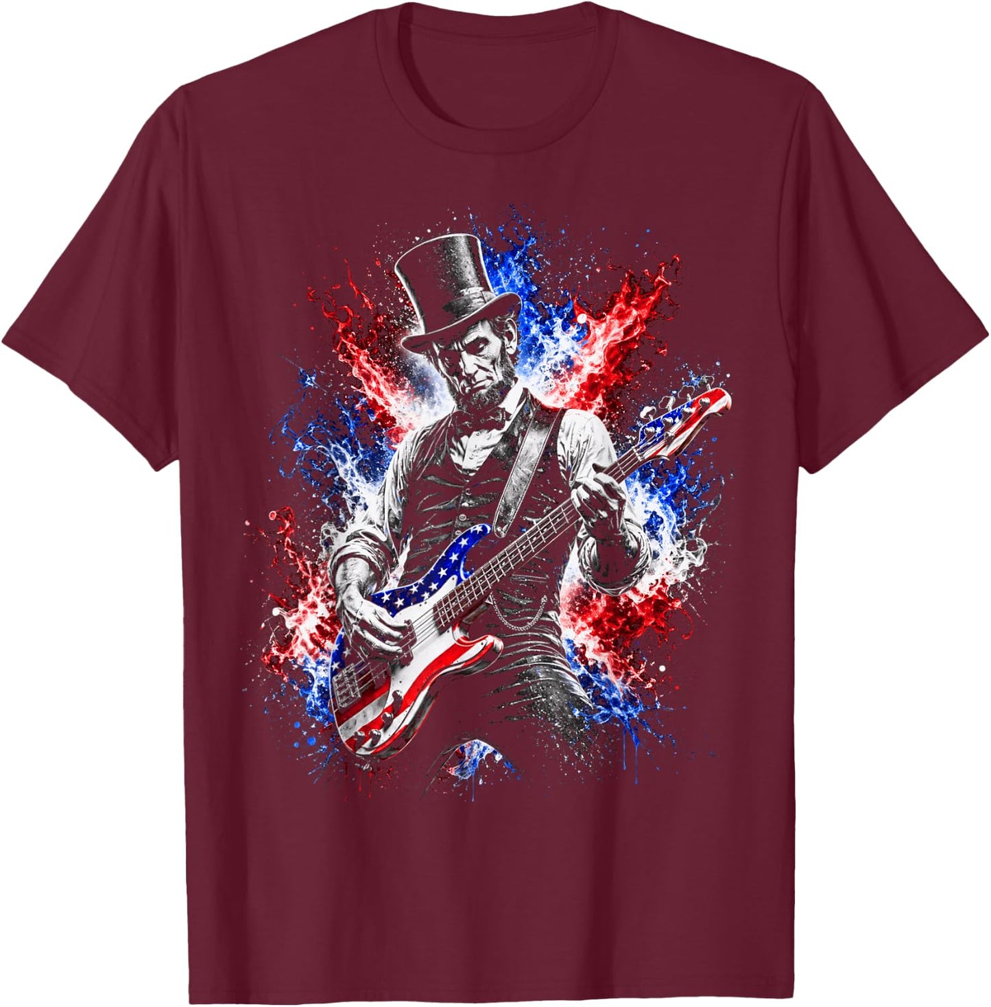 abe Lincoln Playing Guitar USA Flag 4th July Lincoln Guitar T-Shirt - T-Shirt | Maroon