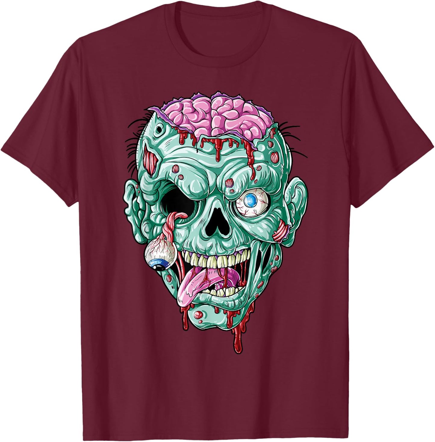 Zombie Face Brain Halloween Boys Men Women Girls Scary Funny T-Shirt - T-Shirt | Maroon