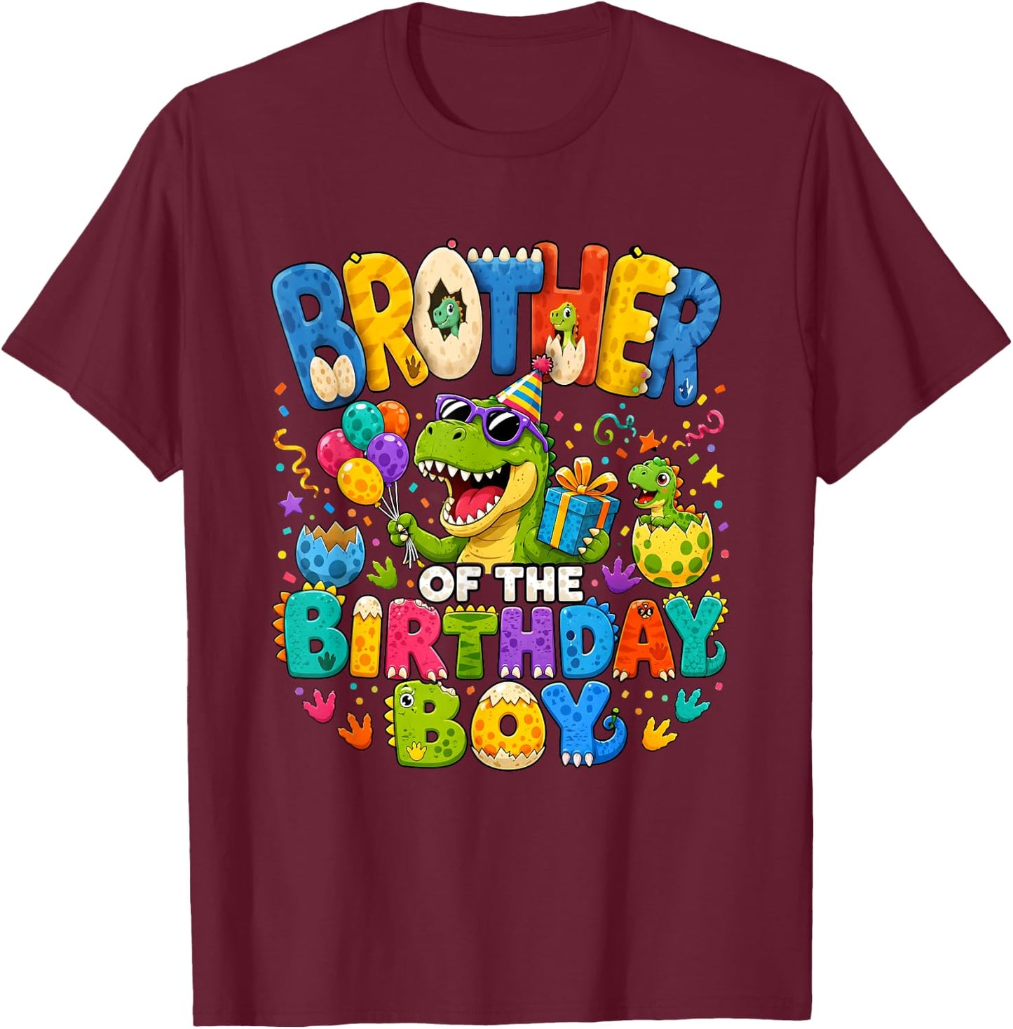 Bro Brother of The Birthday Boy Dinosaur T-Rex T-Shirt - T-Shirt | Maroon