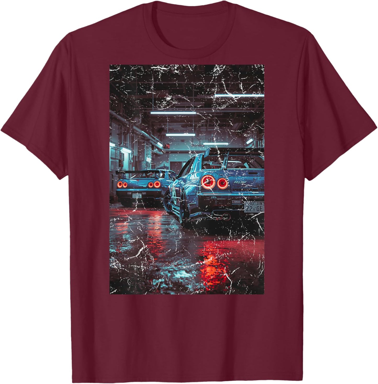 Distress Vintage JDM Race Drift Cars in The Garage (On Back) T-Shirt - T-Shirt | Maroon