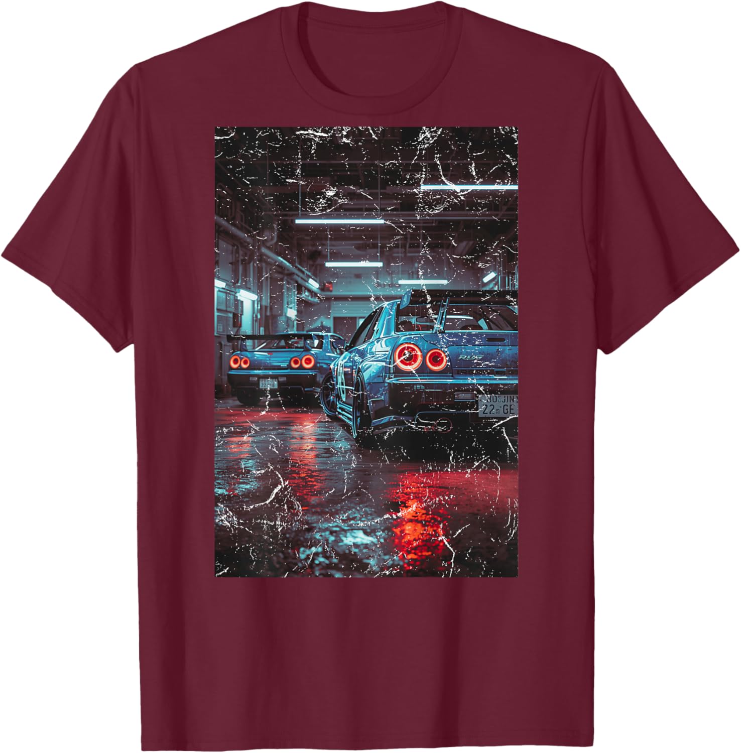 Distress Vintage JDM Race Drift Cars in The Garage (On Back) T-Shirt - T-Shirt | Maroon