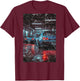 Distress Vintage JDM Race Drift Cars in The Garage (On Back) T-Shirt - T-Shirt | Maroon