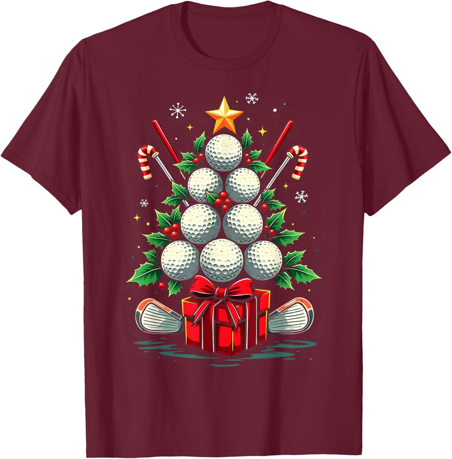 Funny Golf Ball Christmas Tree Santa Hat Xmas Men Women T-Shirt - T-Shirt | Maroon