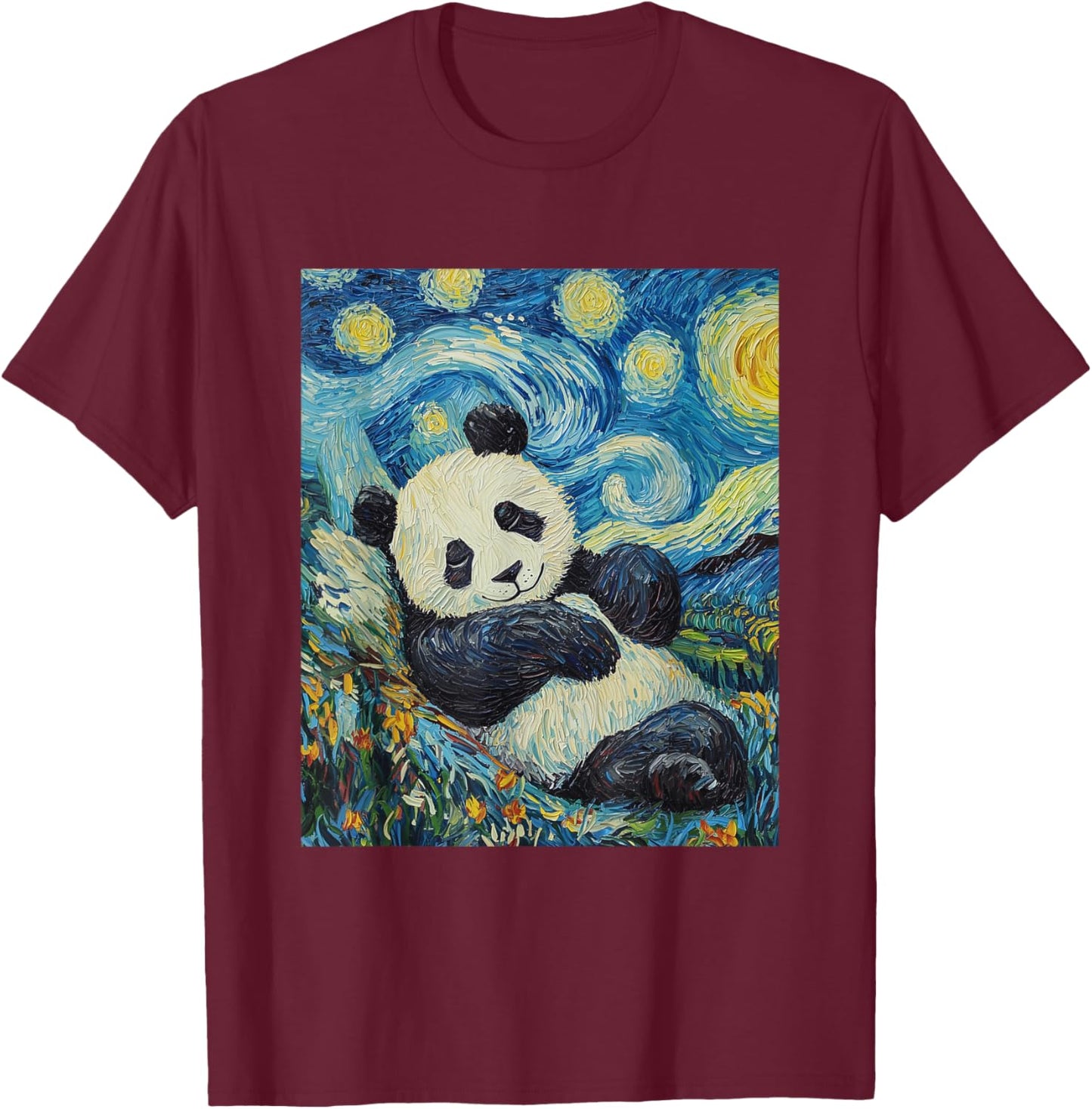 Cute Panda Bear - Van Gogh Style - Starry Night Graphic T-Shirt - T-Shirt | Maroon