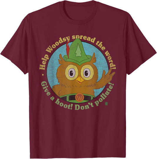 Woodsy Owl Give a Hoot Distressed and Faded T-Shirt - T-Shirt | Maroon