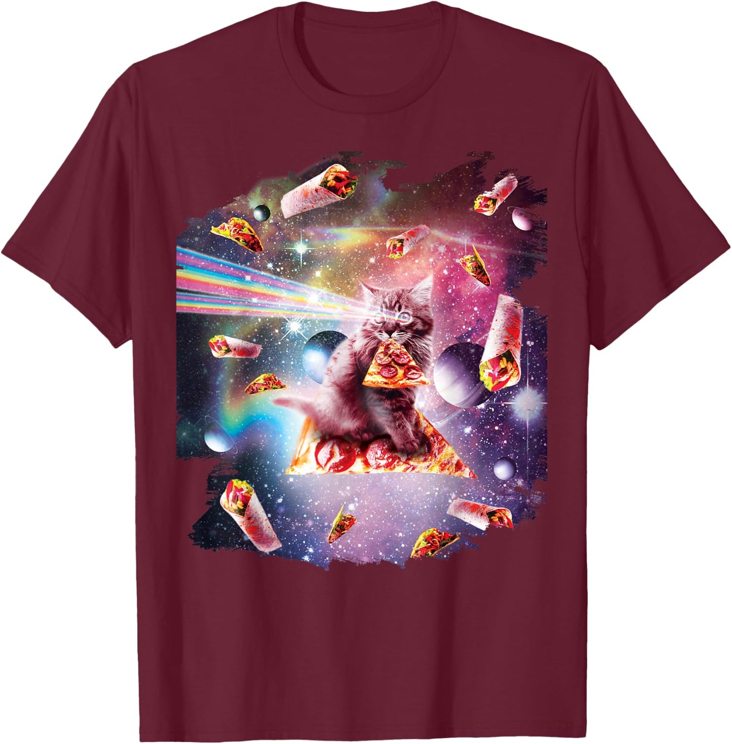 Outer Space Pizza Cat - Rainbow Laser, Taco, Burrito T-Shirt - T-Shirt | Maroon