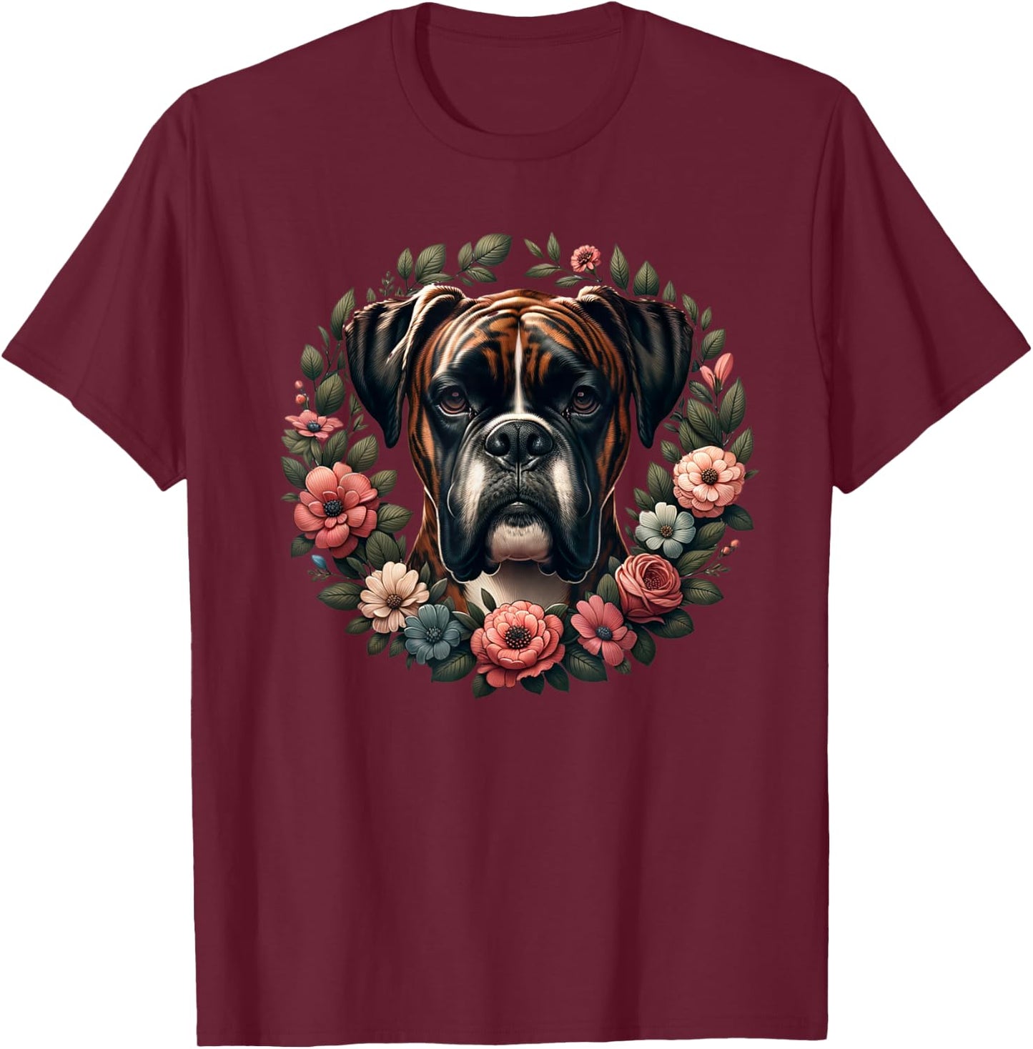 Adults & Kids Retro Floral Wreath Boxer Dog Lover - Black, Small, Short Sleeve T-Shirt - T-Shirt | Maroon