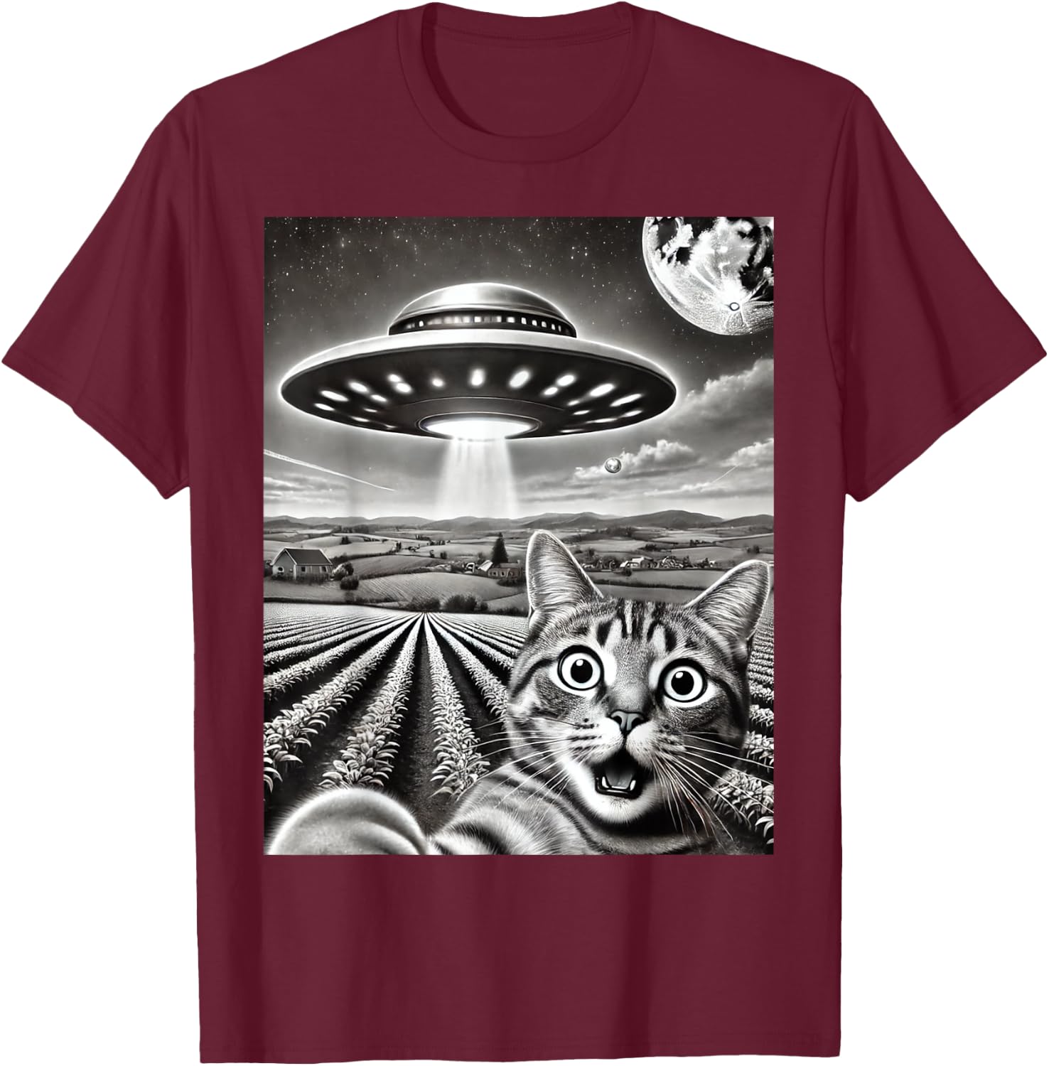 Cat Selfie With Alien UFO Funny Cat Weird Graphic Men Women Kids T-Shirt - T-Shirt | Maroon
