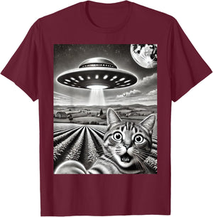 Cat Selfie With Alien UFO Funny Cat Weird Graphic Men Women Kids T-Shirt - T-Shirt | Maroon