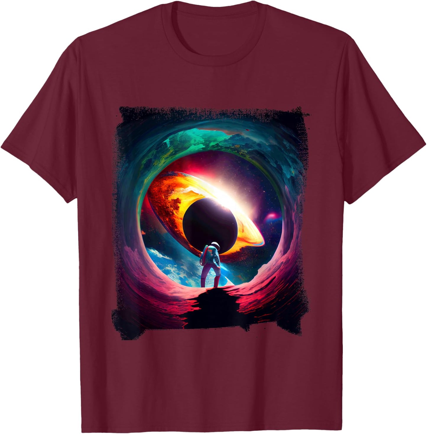 Vibrant Cosmic Astronaut Black Hole T-Shirt - T-Shirt | Maroon
