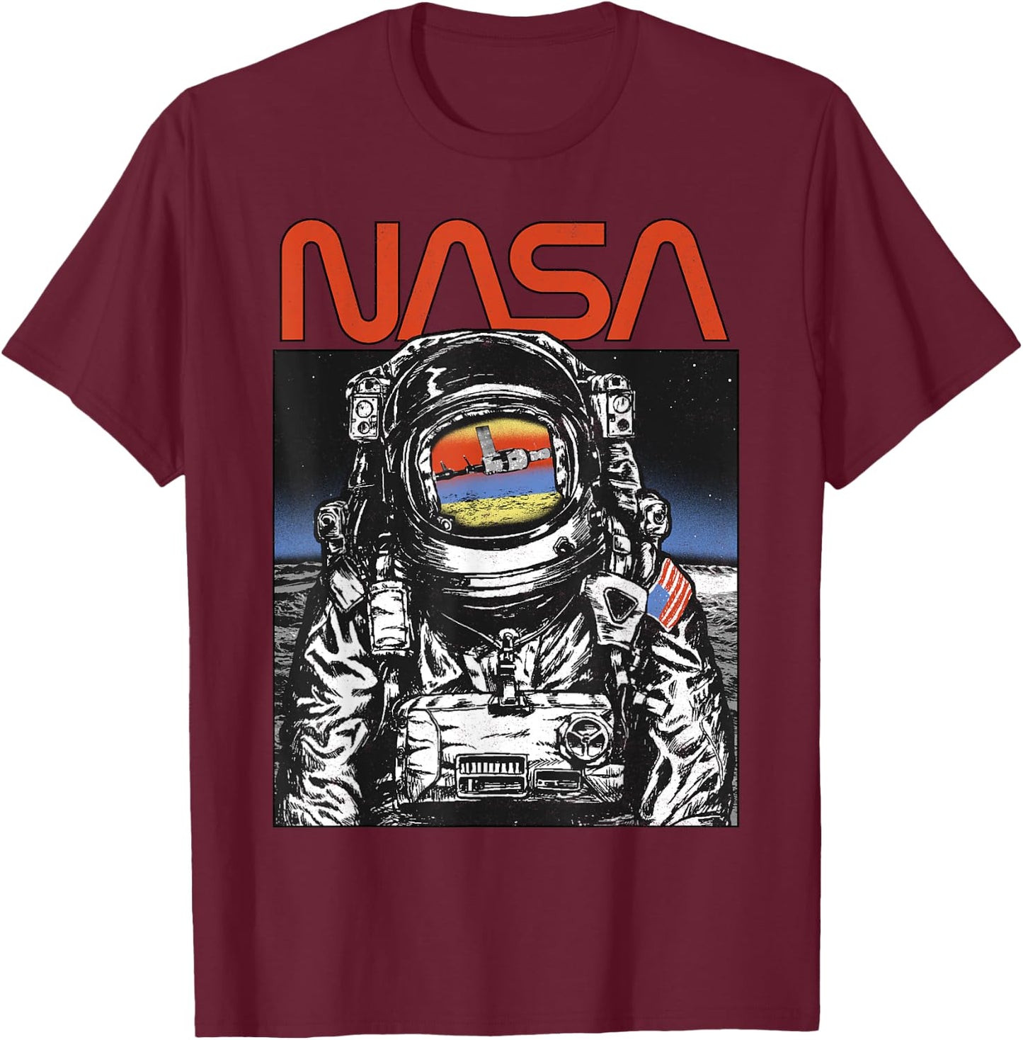NASA Vintage Astronaut Moon Walk Reflection T-Shirt - T-Shirt | Maroon