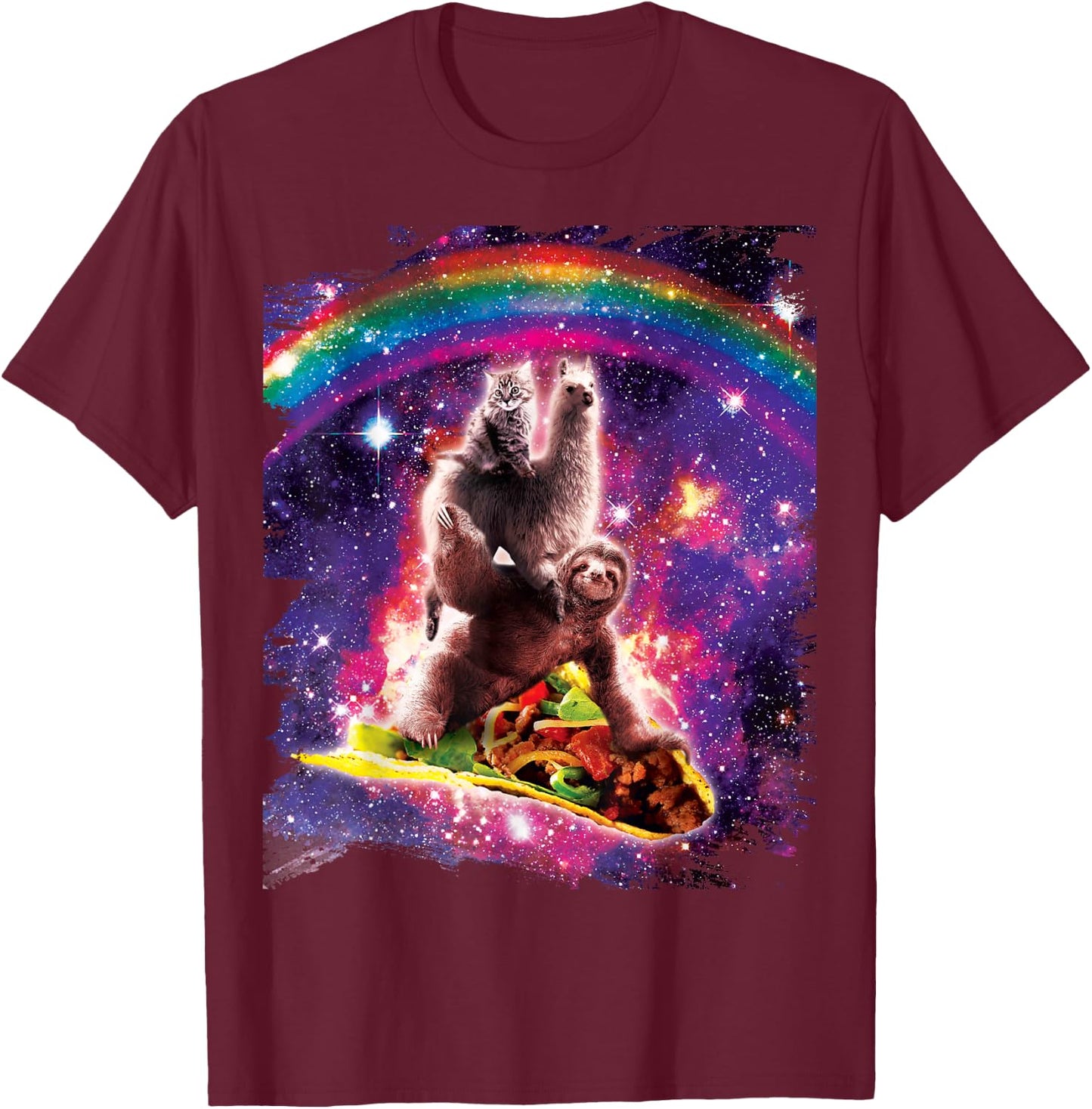 Space Cat Llama Sloth Riding Taco T-Shirt - T-Shirt | Maroon