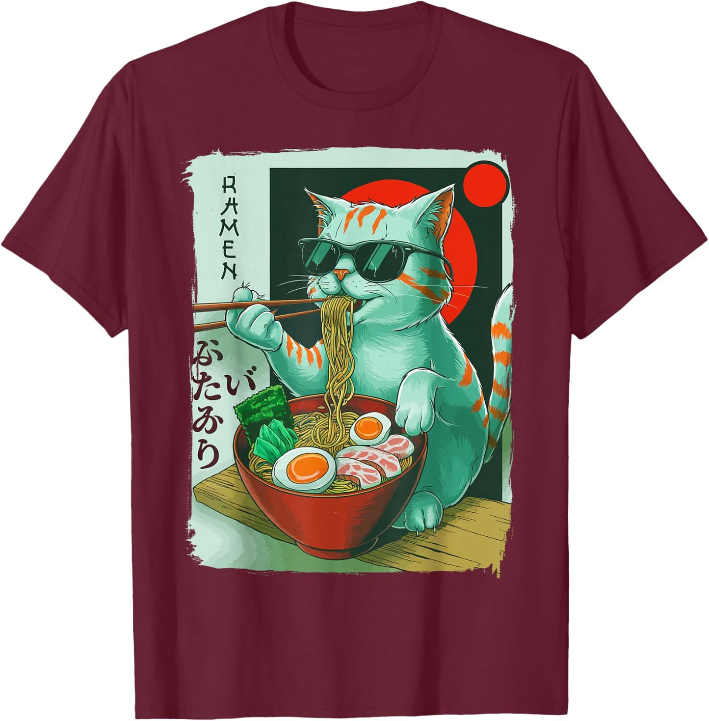 Funny Cat Eating Ramen Graphic Japanese Kawaii Otaku Anime T-Shirt - T-Shirt | Maroon