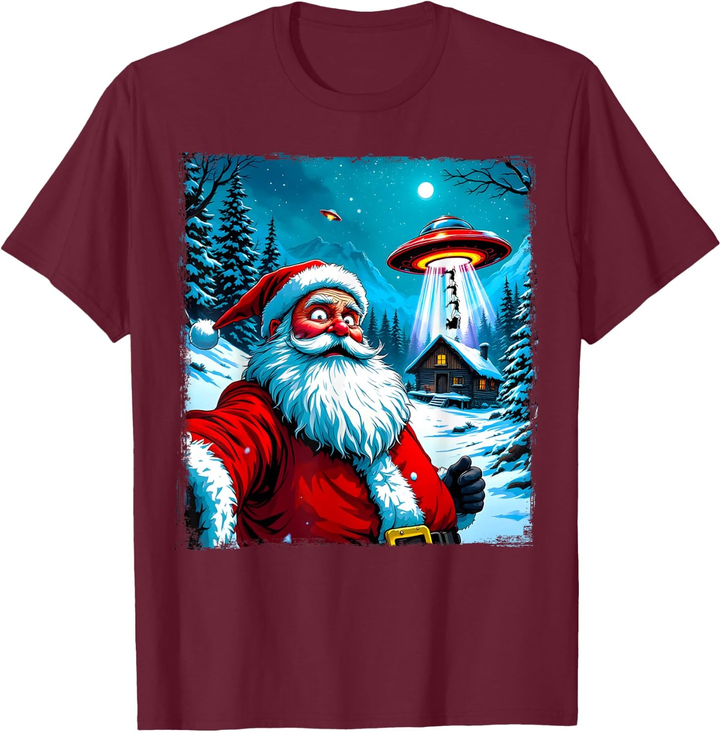 Santa Claus Alien Abduction Christmas UFO Encounter Cartoon T-Shirt - T-Shirt | Maroon