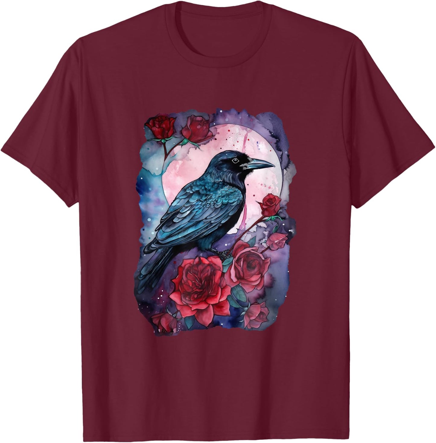 Mystical Raven and Roses - Whimsigoth Art T-Shirt - T-Shirt | Maroon