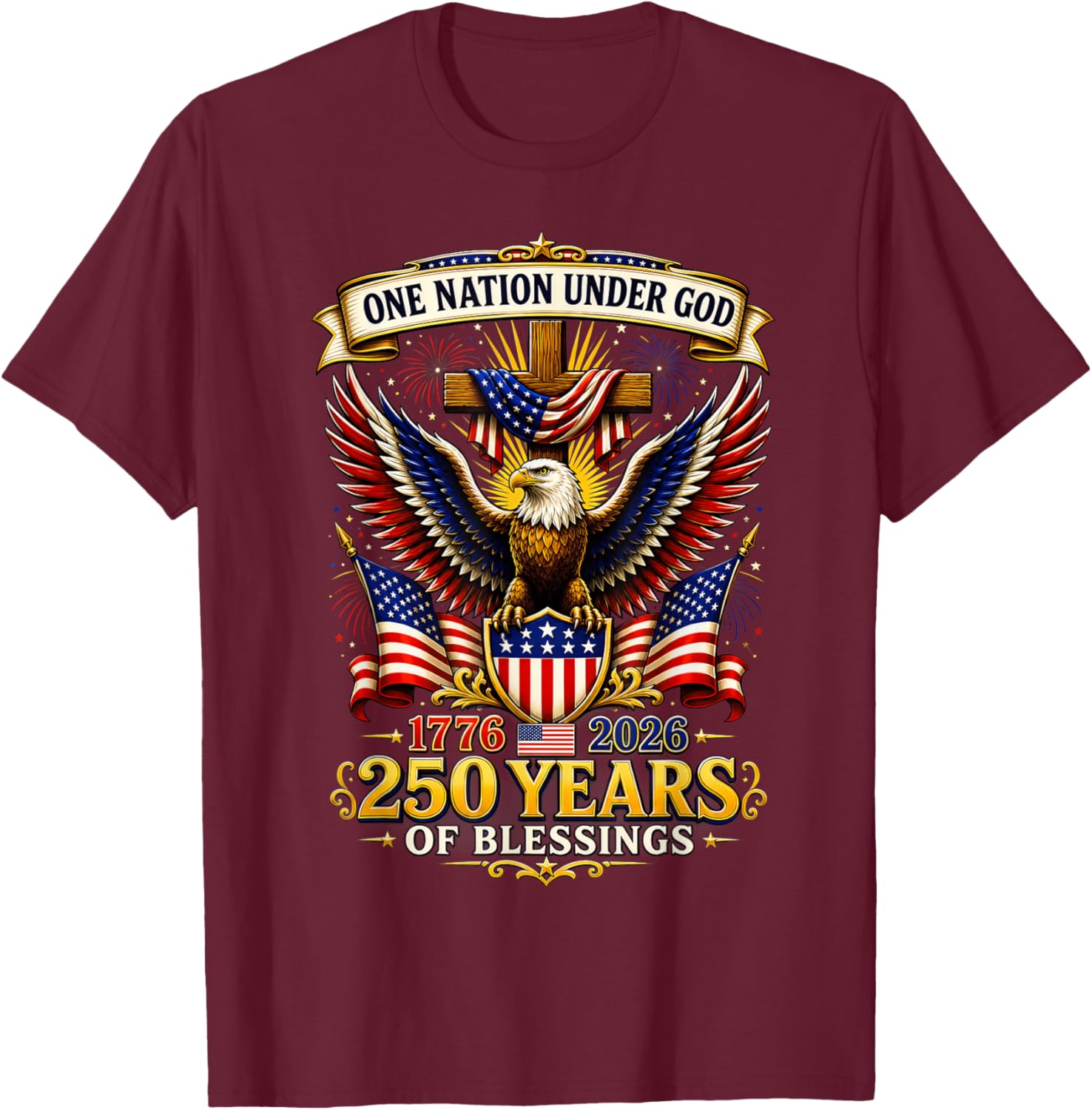 One Nation Under God 1776 2026 Patriotic USA Flag T-Shirt - T-Shirt | Maroon