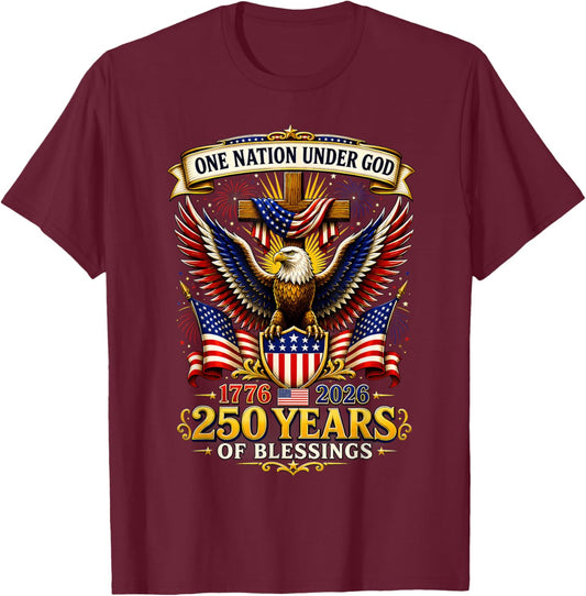 One Nation Under God 1776 2026 Patriotic USA Flag T-Shirt - T-Shirt | Maroon