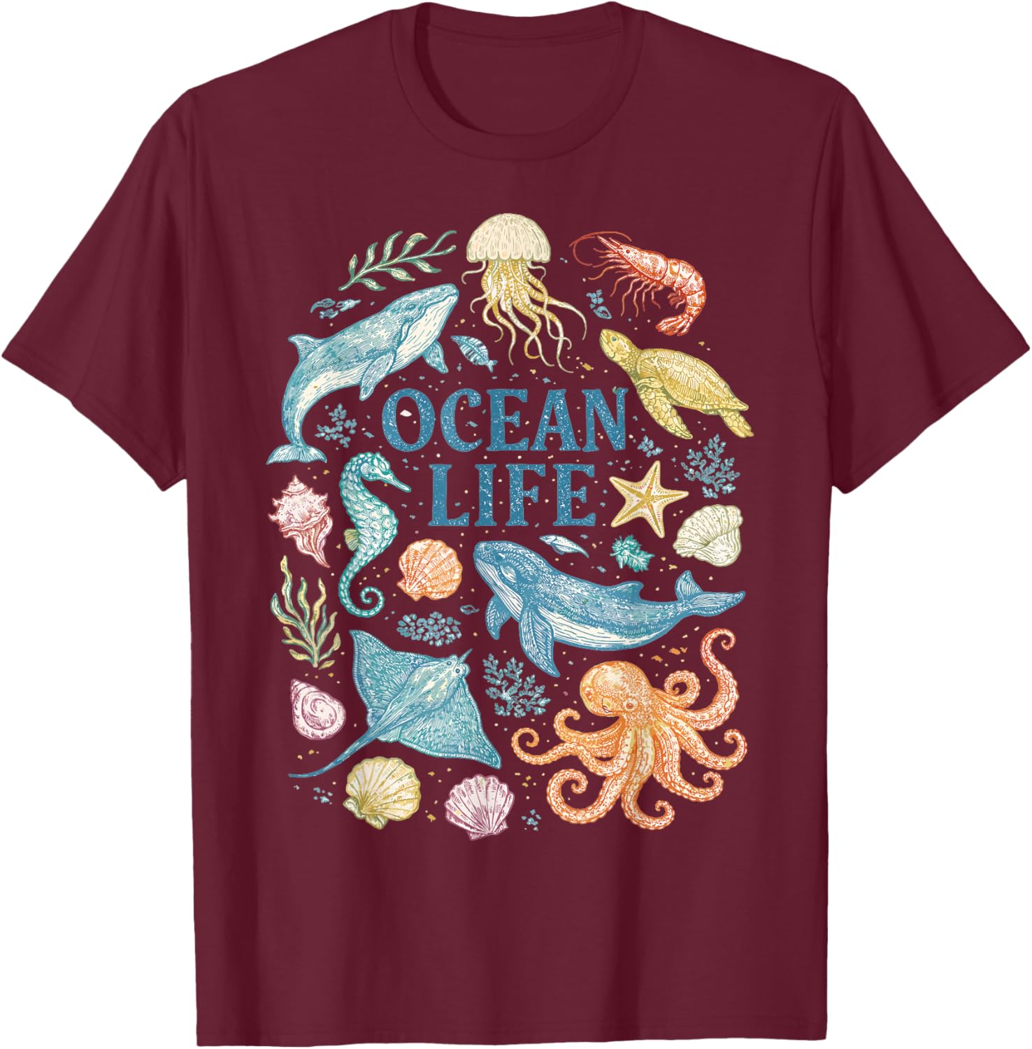 Vintage Marine Animals Sea Creature Art, an Ocean Life T-Shirt - T-Shirt | Maroon