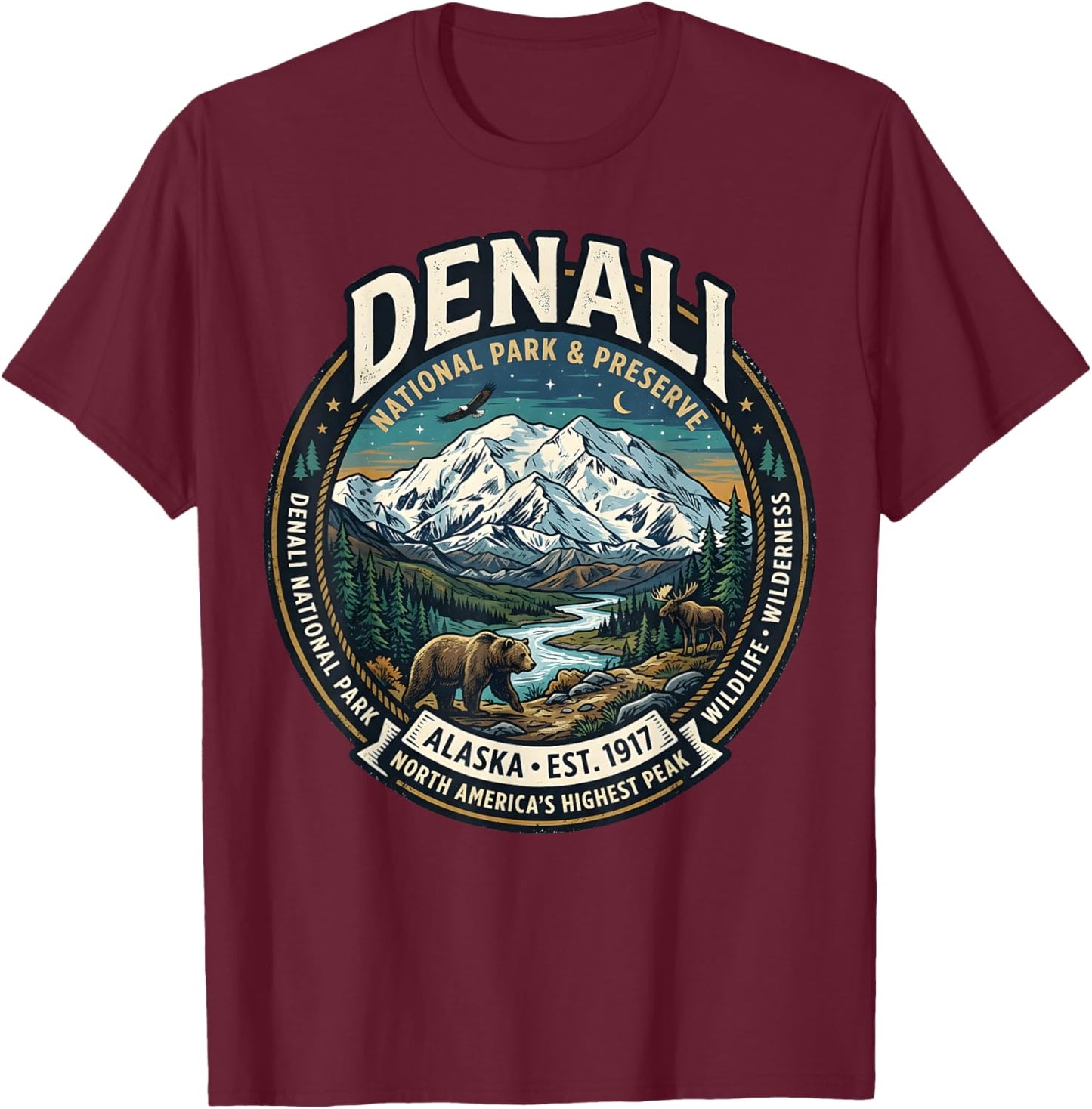 Denali National Park Alaska Mountain Wildlife Vintage Badge T-Shirt - T-Shirt | Maroon
