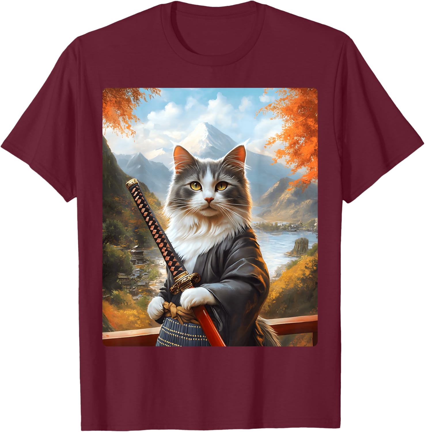 Dino's Atomic Designs -Adult Anime Cat , Black, Small, Short Sleeve T-Shirt - T-Shirt | Maroon