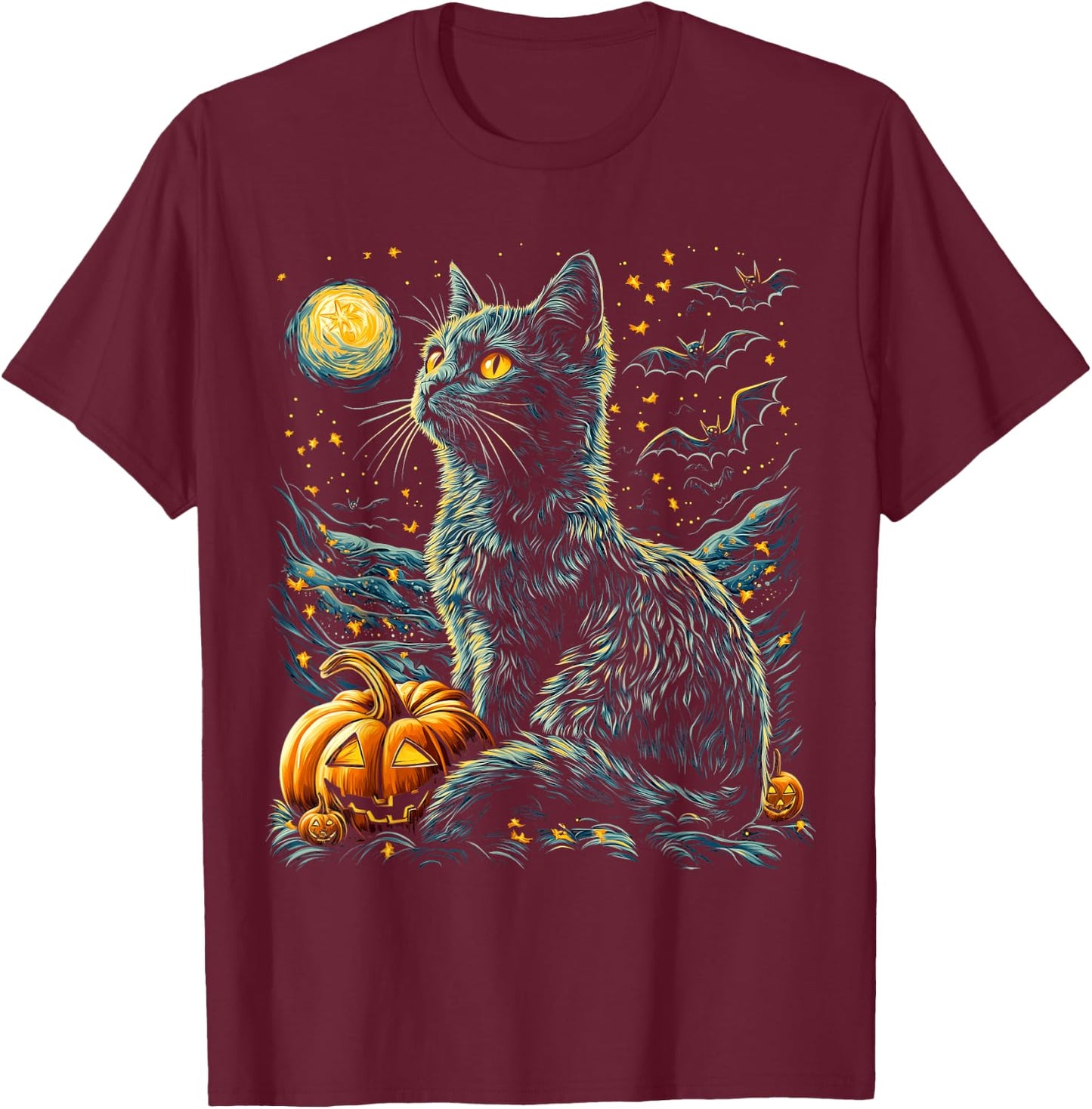 Halloween Van Gogh Starry Night Black Cat Pumpkins Bats T-Shirt - T-Shirt | Maroon