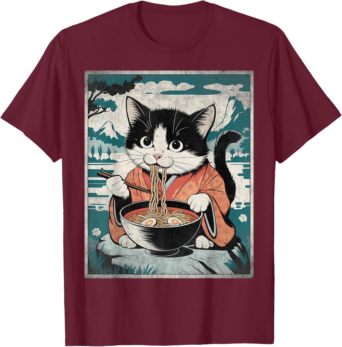 Kawaii Kimono Cat Eating Ramen Noodles Japanese Anime Manga T-Shirt - T-Shirt | Maroon