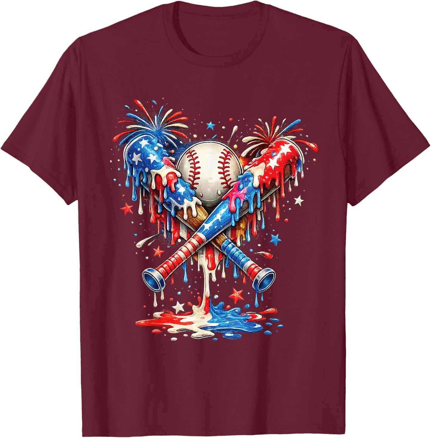 Baseball Drip Ice Cream Patriot American Flag 4th of July T-Shirt - T-Shirt | Maroon