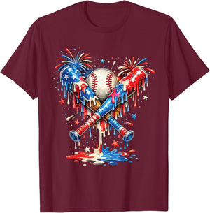 Baseball Drip Ice Cream Patriot American Flag 4th of July T-Shirt - T-Shirt | Maroon