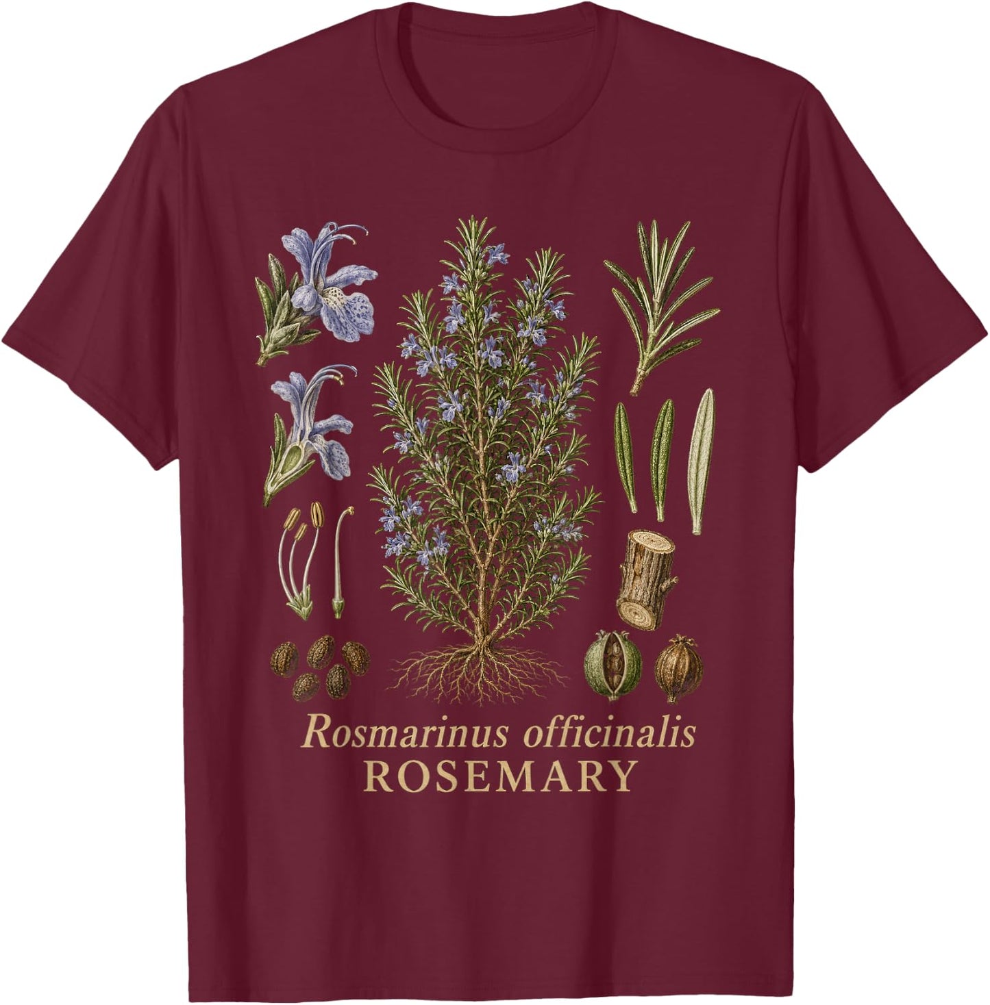 Rosemary Botanical Anatomy Herb Diagram Vintage Style T-Shirt - T-Shirt | Maroon