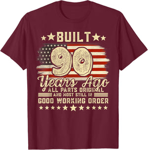 Built 90 Years Ago Funny 90th Birthday Vintage USA Flag T-Shirt - T-Shirt | Maroon
