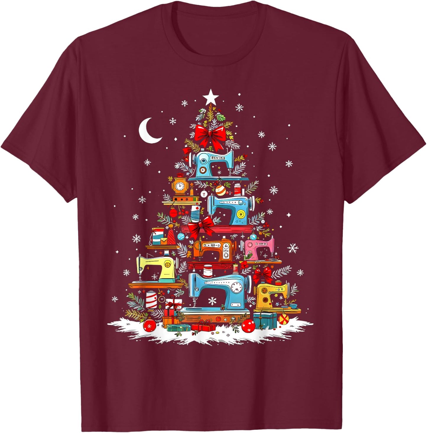 Funny Sewing Machine Christmas Tree Ornament Holiday T-Shirt - T-Shirt | Maroon