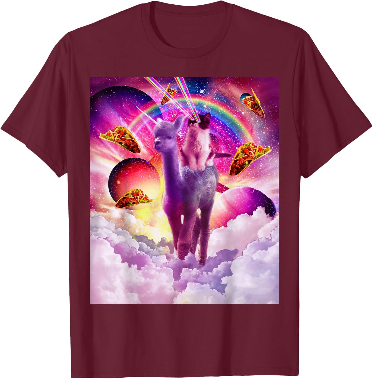 Cosmic Cat Riding Alpaca Unicorn T-Shirt - T-Shirt | Maroon